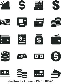Solid Black Vector Icon Set - purse vector, dollar, cards, coins, front of the bank card, column, denomination, article on, wallet, money, cash, machine, cashbox, atm, credit