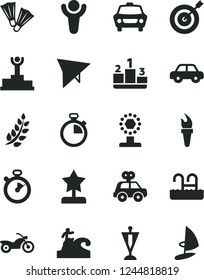 Solid Black Vector Icon Set - stopwatch vector, motor vehicle, present, car, pedestal, flame torch, winner, laurel branch, podium, cup, star reward, pennant, target, hang glider, motorcycle, pool