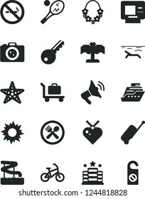 Solid Black Vector Icon Set - bike vector, rolling case, atm, beach, sun, hawaii wreath, aquapark, cafe, restaurant, starfish, baggage, hotel, camera, tennis, key, no smoking sign, loudspeaker