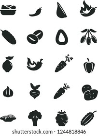 Solid Black Vector Icon Set - stick of sausage vector, slices onion, lettuce in a plate, cucumber, chili, garlic, carrot, coffee beans, quince, blackberry, goji berry, ripe pepper, red, hot, potato