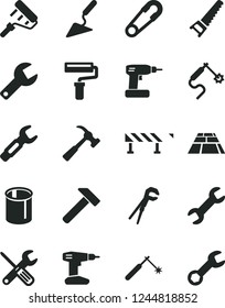 Solid Black Vector Icon Set - paint roller vector, repair key, safety pin, building trowel, small tools, adjustable wrench, cordless drill, hand saw, paving slab, road fence, hammer, with claw, gas