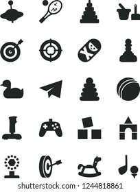 Solid Black Vector Icon Set - paper airplane vector, rubber duck, bath ball, stacking rings, toy, tumbler, sand set, yule, rocking horse, cubes for children, box of bricks, joystick, cup, pawn, aim