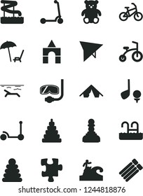 Solid Black Vector Icon Set - stacking rings vector, toy, small teddy bear, box of bricks, child bicycle, Kick scooter, Puzzle, pawn, hang glider, bike, tent, beach, arnchair under umbrella, pool