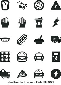 Solid Black Vector Icon Set - lightning vector, dangers, car, delivery, pizza, piece of, Hot Dog, mini, big burger, a bowl buckwheat porridge, French fries, fried potato slices, Chinese chopsticks