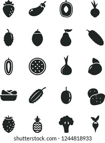 Solid Black Vector Icon Set - lettuce in a plate vector, cucumber, beet, pineapple, raspberry, tasty, mulberry, delicious plum, passion fruit, sweet date, yellow lemon, half of, tamarillo, onion