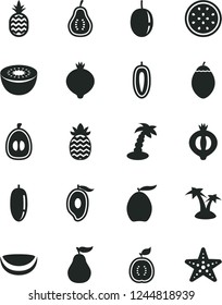 Solid Black Vector Icon Set - a pineapple vector, medlar, half of, mango, loquat, date fruit, passion, sweet, kiwi, tamarillo, guawa, piece coconut, ripe guava, part, palm tree, starfish