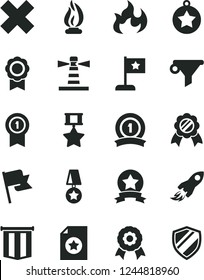 Solid Black Vector Icon Set - cross vector, flag, lighthouse, water filter, space rocket, flame, medal, star, with pennant, ribbon, hero, certificate, shield