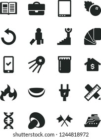 Solid Black Vector Icon Set - counterclockwise vector, sample of colour, writing accessories, book, porcini, jam, blueberries, piece coconut, electric plug, portfolio, tablet pc, dna, flame, cruiser