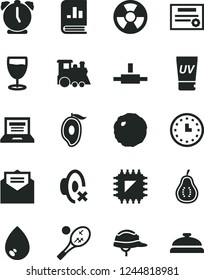 Solid Black Vector Icon Set - laptop vector, silent mode, children's train, helmet, received letter, alarm clock, drop, cabbage, glass, half of mango, part guava, radiation hazard, smd, wall watch