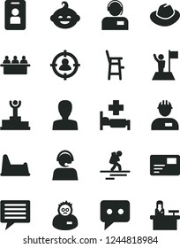 Solid Black Vector Icon Set - image of thought vector, woman, hat, potty chair, a for feeding child, funny hairdo, workman, pass card, operator, court hearing, man in sight, think, scientist, access