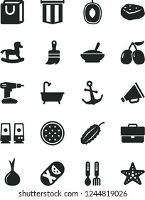 Solid Black Vector Icon Set - briefcase vector, horn, tumbler, iron fork spoons, small rocking horse, drill, wooden paint brush, bath, anchor, bag with handles, a bowl of buckwheat porridge, onion