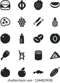 Solid Black Vector Icon Set - feeding bottle vector, a chair for child, tin, piece of pizza, big burger, chicken thigh, meat on skewers, cabbage, coffee beans, small fish, omelette, strawberries