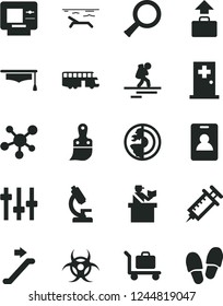 Solid Black Vector Icon Set - plastic brush vector, microscope, molecule, zoom, settings, biohazard, graduate hat, earth core, syringe, bus, backpacker, escalator, identity card, passort control