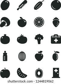 Solid Black Vector Icon Set - first aid kit vector, feeding bottle, mercury thermometer, porcini, tomato, orange, apple, pomegranate, red, raspberry, melon, delicious plum, slice of tangerine, lemon