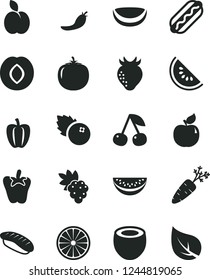 Solid Black Vector Icon Set - Hot Dog vector, peper, japanese sushi, blueberries, apple, cherry, grape, apricot, plum, strawberry, slice of water melon, half orange, piece coconut, persimmon, red