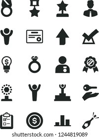 Solid Black Vector Icon Set - upward direction vector, employee, survey, chart, winner, podium, cup, star reward, man hands up, with medal, hero, certificate, diamond ring, gold, arm key, confirm