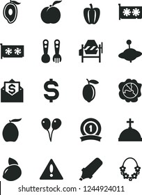 Solid Black Vector Icon Set - warning vector, plastic fork spoons, yule, colored air balloons, concrete mixer, ripe peach, squash, half of mango, loquat, lemon, yellow, Bell pepper, text highlighter