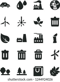 Solid Black Vector Icon Set - bin vector, dust, bag with handles, apple stub, leaves, leaf, windmill, wind energy, factory, trees, forest, industrial building, thermal power plant, drop, planet