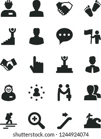 Solid Black Vector Icon Set - zoom vector, woman, women, children's tracks, workman, employee, index finger, speech, hand shake, handclasp, scientist, winner podium, stairway, man hold flag, surfing