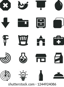 Solid Black Vector Icon Set - mark of injury vector, downward direction, first aid kit, bedside table, folder bookmark, cradle, box bricks, package, copy, chili, lime, caliper, Glass bottle, stall