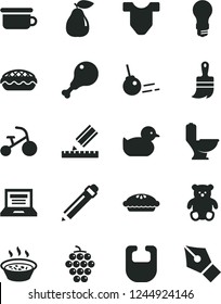 Solid Black Vector Icon Set - laptop vector, graphite pencil, bib, Child T shirt, baby duckling, children's potty, small teddy bear, tricycle, wooden paint brush, toilet, drawing, core, pie, apple