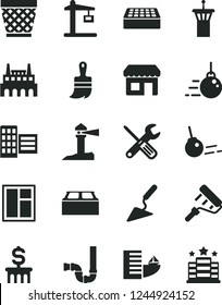 Solid Black Vector Icon Set - wicker pot vector, big core, building trowel, window, small tools, paint roller, wooden brush, siphon, city block, brick, industrial factory, Construction crane, kiosk