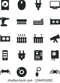 Solid Black Vector Icon Set - camera vector, drill, plummet, screen, battery, plug, electric, cast iron radiator, fan, mouse, keyboard, pc power supply, tower, motherboard, gpu card, hdd, telescope