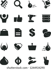 Solid Black Vector Icon Set - scribbled paper vector, magnifier, dollar, chest of drawers, big core, drill, spatula, thumb up, shipment, fig, half medlar, physalis, potato, shopping basket, bag