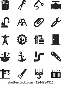 Solid Black Vector Icon Set - crane vector, tower, winch hook, adjustable wrench, hand saw, ladder, ntrance door, gear, stationery knife, kitchen faucet, anchor, clip, valve, water pipes, power line