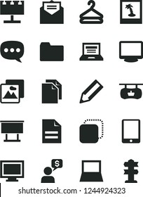 Solid Black Vector Icon Set - laptop vector, monitor window, clean paper, scribbled, folder, received letter, picture, hanger, copy, antique advertising signboard, billboard with illumination, photo