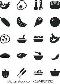 Solid Black Vector Icon Set - deep plate with a spoon vector, plastic fork spoons, canned goods, onion, pie, bowl of buckwheat porridge, lettuce in, grill chicken leg, chop, barbecue, cabbage, chili