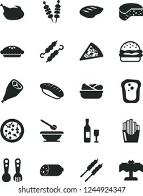 Solid Black Vector Icon Set - plates and spoons vector, plastic fork, sausage, cheese, fried vegetables on sticks, pizza, piece of, burger, pie, lettuce in a plate, chicken, grill leg, chop, wine