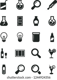 Solid Black Vector Icon Set - incandescent lamp vector, magnifier, mercury thermometer, e, window frame, interroom door, cocktail, jam, bottle, liquor, round flask, bulb, test tube, wine