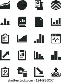 Solid Black Vector Icon Set - clean sheet of paper vector, pie chart, bar, growth, negative, positive histogram, estimate, cardiogram, pile, survey, statistical report, overview, book on statistics
