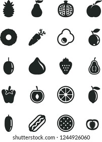 Solid Black Vector Icon Set - Hot Dog vector, peper, carrot, fried egg, strawberry, ripe peach, half pomegranate, fig, blueberry, date fruit, cherry, passion, lemon, juicy, of, pineapple, slice