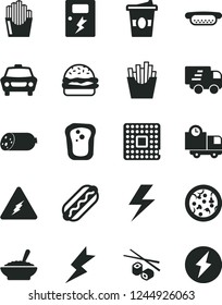 Solid Black Vector Icon Set - lightning vector, dangers, car, delivery, sausage, pizza, Hot Dog, mini, burger, a bowl of buckwheat porridge, French fries, fried potato slices, Chinese chopsticks
