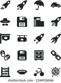 Solid Black Vector Icon Set - floppy disk vector, spectacles, hat with glasses, bedside table, tricycle, child shoes, abacus, umbrella, plate, modern gas station, retro car, vintage sign, rocket