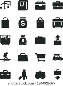 Solid Black Vector Icon Set - briefcase vector, paper bag, toys over the cot, portfolio, suitcase, case, with handles, a glass of tea, cart, purse, money, dollars, hand, car baggage, backpacker
