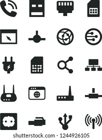 Solid Black Vector Icon Set - power socket type f vector, plug, SIM card, connections, scheme, phone call, usb, router, network, browser, connect, lan connector, wireless