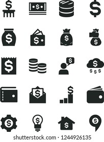Solid Black Vector Icon Set - purse vector, coins, column of, denomination the dollar, financial item, wallet, money, dollars, cash, bag hand, rain, mortgage, pedestal, gear, idea, mail, dialog, pin