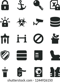 Solid Black Vector Icon Set - prohibition vector, Baby chair, door knob, lock, key, anchor, encrypting, big data, biohazard, airport tower, rope barrier, security gate, passort control, passport