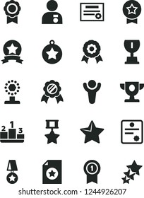 Solid Black Vector Icon Set - star vector, pedestal, medal, patente, winner, prize, award, cup, man with, pennant, hero, ribbon, certificate, three stars