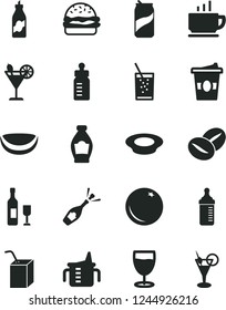 Solid Black Vector Icon Set - measuring cup for feeding vector, bottle, packing of juice with a straw, coffee, burger, plate milk, beans, coffe to go, glass soda, cocktail, can, orange, liquor, wine