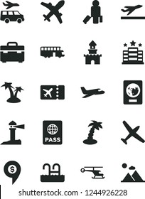 Solid Black Vector Icon Set - suitcase vector, passport, coastal lighthouse, sand castle, helicopter, dollar pin, plane, bus, passenger, ticket, departure, palm tree, pool, hotel, transfer