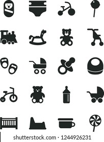 Solid Black Vector Icon Set - baby cot vector, dummy, measuring bottle for feeding, diaper, bib, stroller, carriage, sitting, roly poly doll, children's potty, chair, teddy bear, small, train