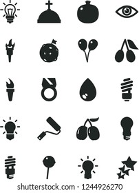 Solid Black Vector Icon Set - colored air balloons vector, new roller, saving light bulb, eye, drop, Chupa Chups, pomegranate, cornels, tasty, energy, flame torch, flag on moon, gold ring