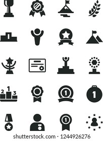 Solid Black Vector Icon Set - pedestal vector, medal, winner, laurel branch, podium, cup, gold, star, man with, motivation, mountain flag, first place, pennant, ribbon, certificate, stars around