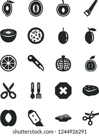 Solid Black Vector Icon Set - scissors vector, mark of injury, iron fork spoons, arm saw, knife, stationery, pizza, slices onion, piece meat, half pomegranate, mango, peach, melon, cherry, lemon