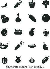Solid Black Vector Icon Set - slices of onion vector, lettuce in a plate, cabbage, cucumber, chili, peper, garlic, carrot, quince, blackberry, Bell pepper, ripe, red, potato, beet, broccoli
