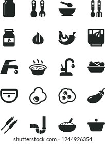 Solid Black Vector Icon Set - deep plate with a spoon vector, plastic fork spoons, iron, sink, siphon, faucet mixer, kitchen, bowl of rice porridge, in saucepan, lettuce, barbecue, chili, glass tea